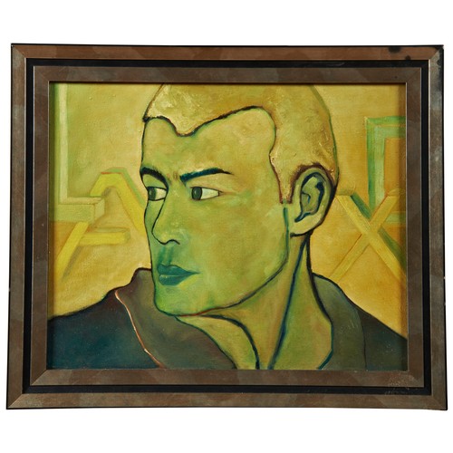 358 - CATHERINE SALMON GANDONIERRE (20TH CENTURY) 'GREEN PORTRAIT' OIL ON CANVAS(40 x 50cm)Provenance: Fro... 