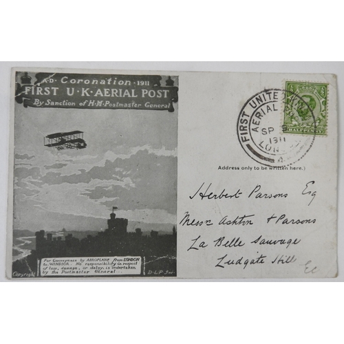 275 - A FIRST UK AERIAL POST POSTCARD FOR 1911, clearly franked over a halfpenny stamp and addressed to He... 