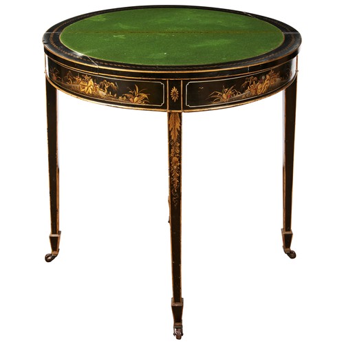 74 - A JAPANNED DEMI LUNE CARD TABLE, the top folding over to reveal a baize lined interior, gilt chinose... 