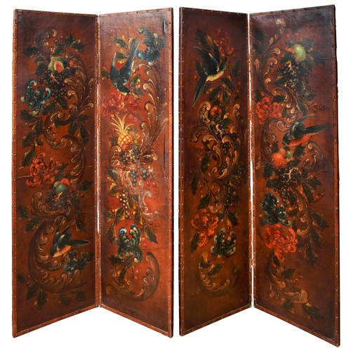 15 - A FOUR FOLD LEATHER PANEL SCREEN, in two sections, vibrant painted decoration depicting songbirds am... 