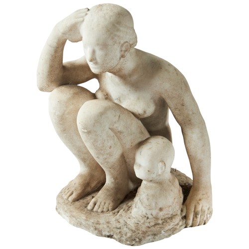 331 - A MARBLE FIGURAL GROUP OF A CROUCHING NAKED WOMAN, her arm around the torso of a young child, her ot... 