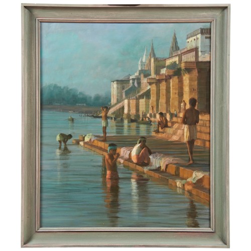 400 - PIP TODD-WARMOTH (b.1962) 'WASHING ON THE GHATS, VARANASI' OIL ON BOARD, signed in bottom right corn... 