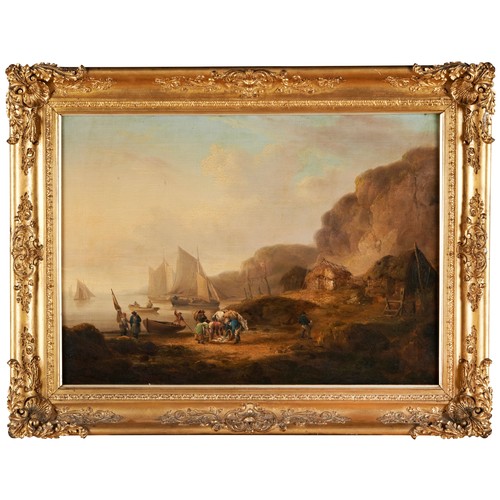 420 - FOLLOWER OF WILLIAM SHAYER 'UNLOADING THE CATCH' OIL PAINTING ON CANVAS, 57 x 80 cm, in a period gil... 