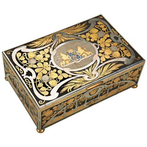 595 - A GOOD SWEDISH STEEL CIGAR BOX BY EMIL OLSSON, the lid drecorated with the Swedish coat of arms surr... 