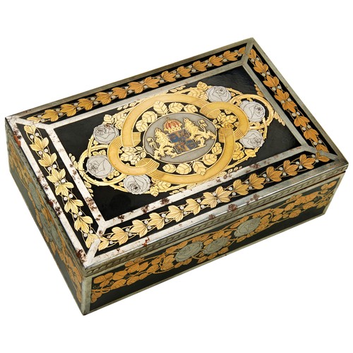 588 - A SWEDISH STEEL CIGAR BOX,the lid decorated with the Swedish coat of arms surrounded by stylised ros... 