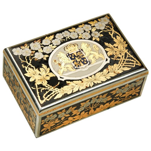 577 - A SWEDISH STEEL CIGARETTE BOX BY EMIL OLSSON, the lid decorated with the Swedish coat of arms, surro... 