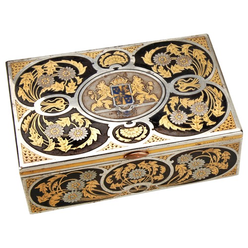 581 - A SWEDISH STEEL CIGAR BOX BY EMIL OLSSON, the lid with central Swedish coat of arms surrounded by fl... 