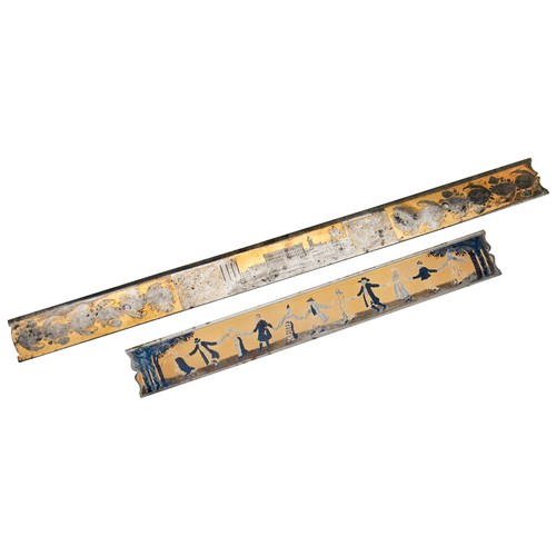 593 - A SWEDISH STEEL ‘RULE’ OF LONG RECTANGULAR FORM, one face depicting folk dancers, a landscape verso ... 