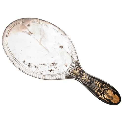 596 - A SUPERB SWEDISH POLISHED STEEL HAND MIRROR, the large oval face decorated with four cartouches of s... 