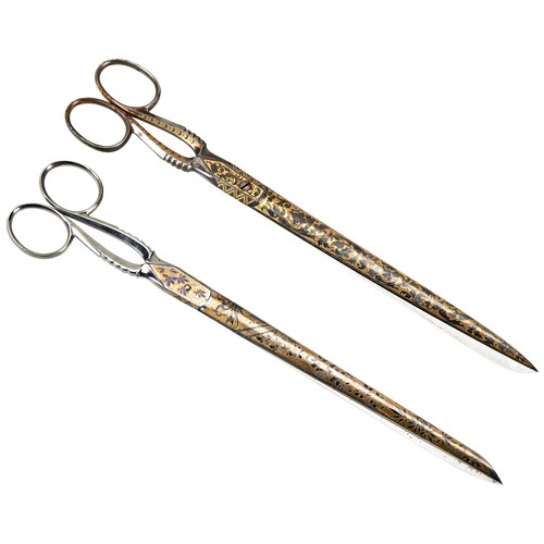 594 - A PAIR OF LONG SWEDISH STEEL SCISSORS, by C.W. Dahlgren, decorated in the Japonisme style and anothe... 