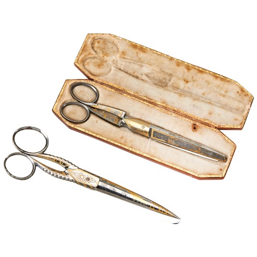 584 - A CASED PAIR OF 19TH CENTURY SWEDISH PRESENTATION STEEL SCISSORS , marked M.C. Cromstedt (One tip br... 