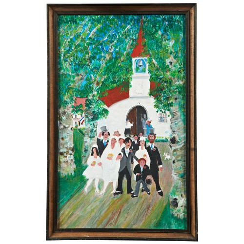 366 - THREE PRIMITIVE OIL PAINTINGS ON BOARD, depicting French wedding scene, street scene and harbour sce... 