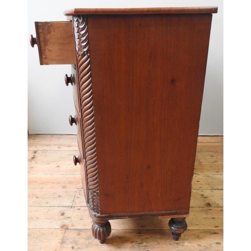 35 - A 19TH CENTURY MAHOGANY BOW FRONT CHEST, two short drawers over three graduated long drawers, flanke... 