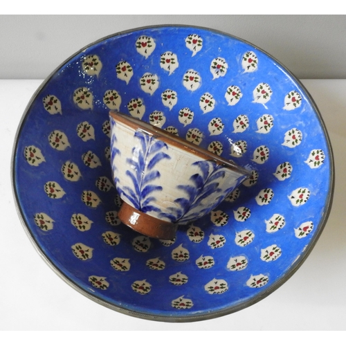 247 - A LARGE MORROCAN CERAMIC FRUIT BOWL, 20th century, repeating pattern on a blue/cream ground, white m... 