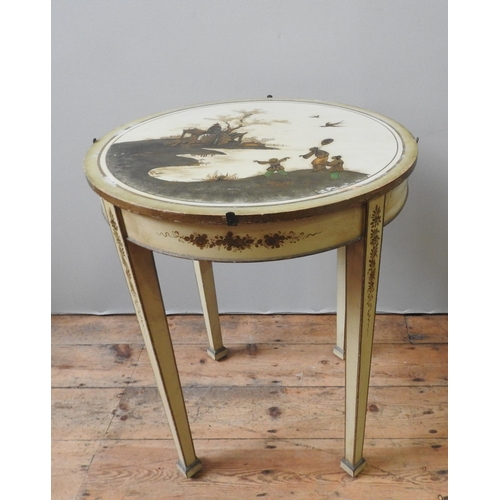 18 - A JAPANNED LAMP TABLE, mid 20th century, the circular top embossed with gilded figural landscape dec... 