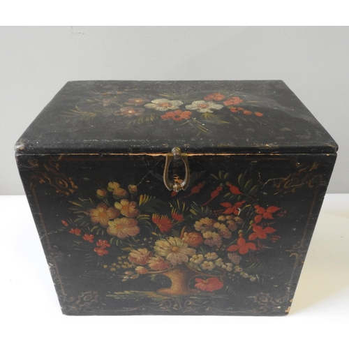 425 - A HAND PAINTED PINE STORAGE BOX,circa 1900, the panels and lid hand painted with floral sprays and s... 