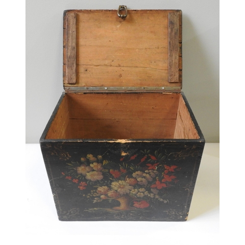 425 - A HAND PAINTED PINE STORAGE BOX,circa 1900, the panels and lid hand painted with floral sprays and s... 