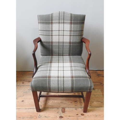 78 - A GEORGE III MAHOGANY ARMCHAIR, the back panel and seat panel recovered in a contemporary plaid mate... 