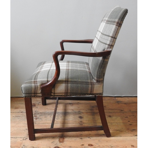 78 - A GEORGE III MAHOGANY ARMCHAIR, the back panel and seat panel recovered in a contemporary plaid mate... 