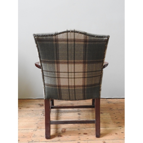 78 - A GEORGE III MAHOGANY ARMCHAIR, the back panel and seat panel recovered in a contemporary plaid mate... 