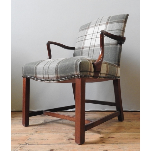 78 - A GEORGE III MAHOGANY ARMCHAIR, the back panel and seat panel recovered in a contemporary plaid mate... 