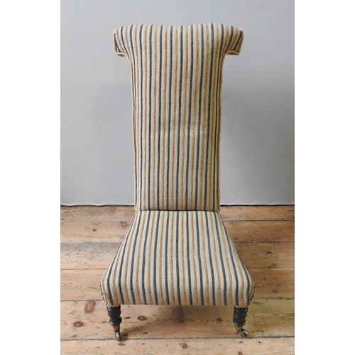 64 - A 19TH CENTURY PRIE DIEU CHAIR, recovered in a contemporary gold and blue stripe material, the turne... 