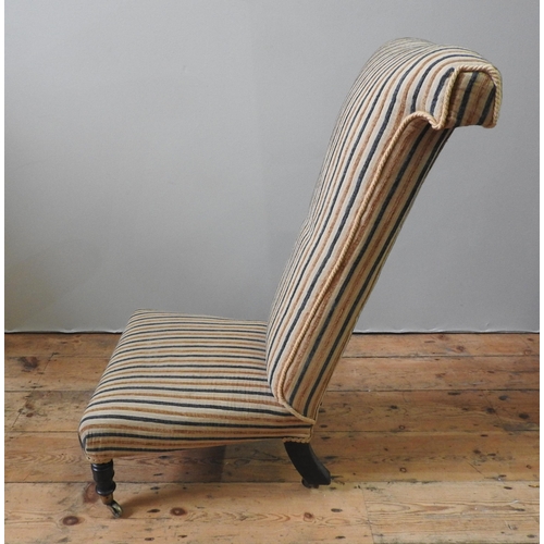 64 - A 19TH CENTURY PRIE DIEU CHAIR, recovered in a contemporary gold and blue stripe material, the turne... 