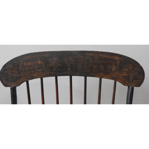 44 - A 19TH CENTURY AMERICAN ROCKING CHAIR, the top rail painted with a folk art scene of trees and build... 