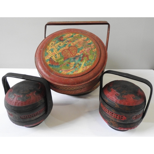 426 - A CHINESE TIN LUNCH CONTAINER AND A PAIR OF PAINTED WICKER LUNCH CONTAINERS, the tin container in th... 