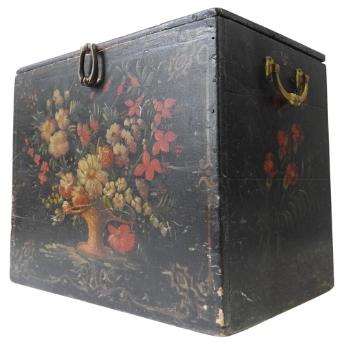 425 - A HAND PAINTED PINE STORAGE BOX,circa 1900, the panels and lid hand painted with floral sprays and s... 