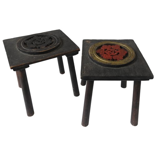 17 - TWO SMALL CARVED INDIAN STOOLS, the seat panels decorated with carved lotus flower roundels, 28 x 24... 