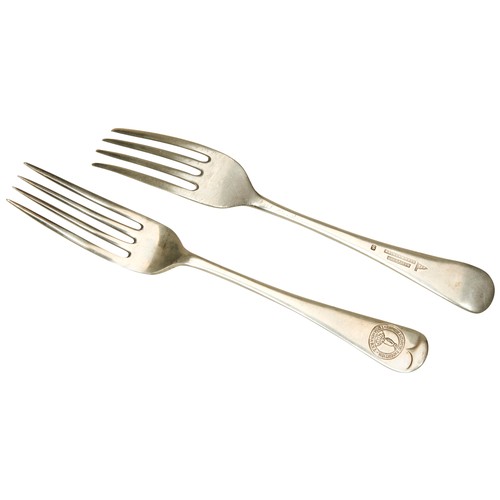 311 - A PAIR OF WELL USED ELECTROPLATED DESSERT FORKS BY WALKER & HALL, THE END OF THE HANDLES STAMPED... 