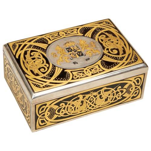 576 - A SWEDISH STEEL CIGARETTE BOX BY EMIL OLSSON, the lid decorated with the Swedish coat of arms, the w... 