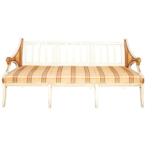 116 - A LATE 19TH / EARLY 20TH CENTURY GUSTAVIAN TRAGSOFFA AND MATCHING ARMCHAIR, Neo-Classical style pain... 