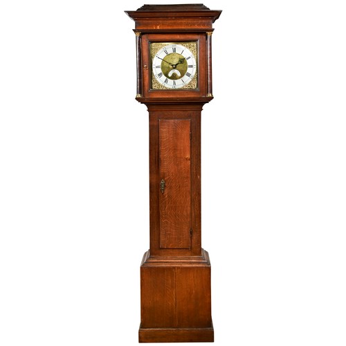 186 - A 30 HOUR OAK LONG CASE CLOCK, the 28 cm brass dial signed Thos. Hellier, Frome in the centre above ... 