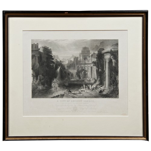 351 - A 19TH CENTURY ENGRAVING 'A CITY OF ANCIENT GREECE WITH THE RETURN OF A VICTORIOUS ARMAMENT', from a... 