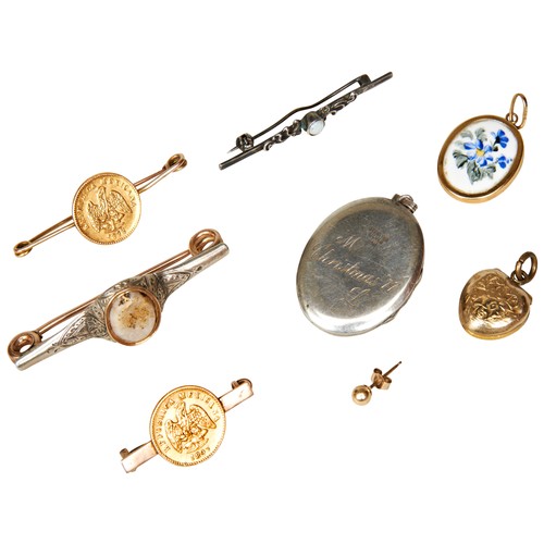 457 - A GROUP OF VINTAGE JEWELLERY, the lot comprised of:Two Mexican gold pesos mounted on yellow metal pi... 