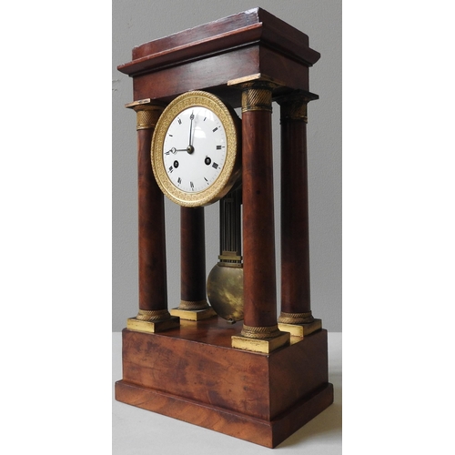 171A - A 19TH CENTURY FRENCH WALNUT PORTICO CLOCK, enamel dial with a laurel decorated gilt metal surround,... 