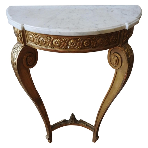 10A - A FRENCH GILT GESSO CONSOLE TABLE, with a shaped white marble top over a foliate rosette frieze and ... 