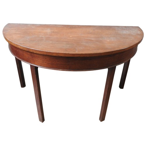 30 - A 19TH CENTURY MAHOGANY DEMI LUNE TABLE,of simplistic form, on four chamfered legs, 71 x 122 x 60 cm... 