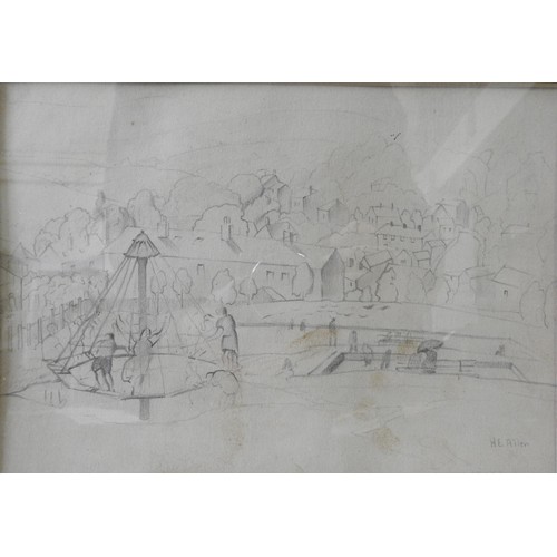 395 - HARRY EPWORTH ALLEN, PLAY PARK WITH FIGURES IN A NORTHERN LANDSCAPE, PENCIL ON PAPER, and another by... 