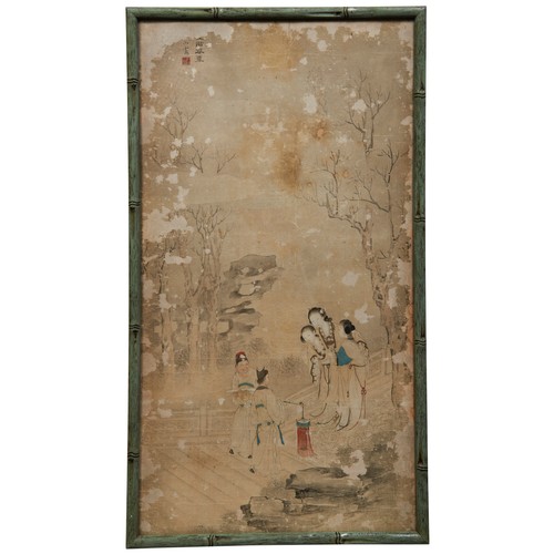 228 - YIN QUAN (19TH CENTURY)FIGURES IN LANDSCAPEScolour and ink on paper, signed and inscribed, set of fo... 