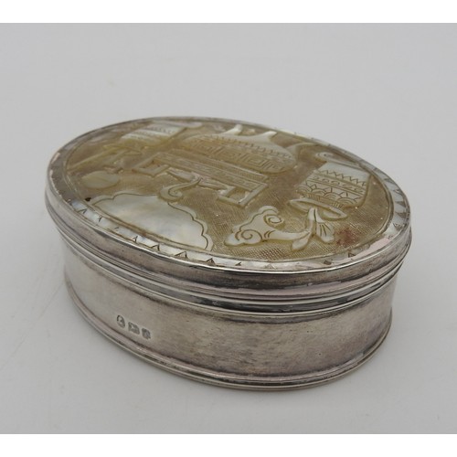 425 - A LATE 19TH CENTURY SILVER AND MOTHER OF PEARL BOX, oval form, the hinged cover inset with carved mo... 