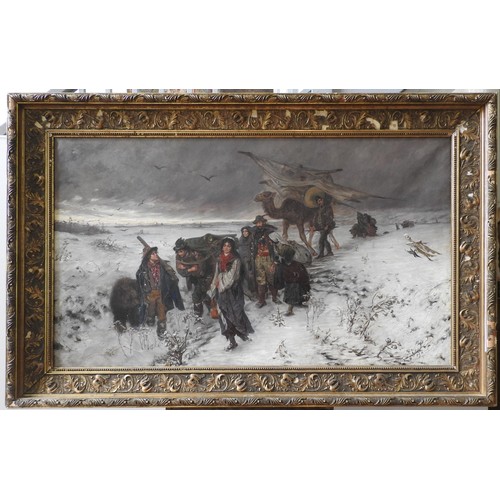 221 - CIRCLE OF ALFRED KOWALSKI OIL ON CANVAS OF TRAVELLING CIRCUS, set in a rural winter scene, circa 190... 