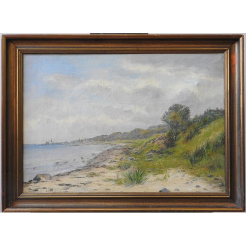 200 - EARLY 20TH CENTURY CONTINENTAL SCHOOL OIL ON CANVAS, depicting a shoreline landscape with town in th... 