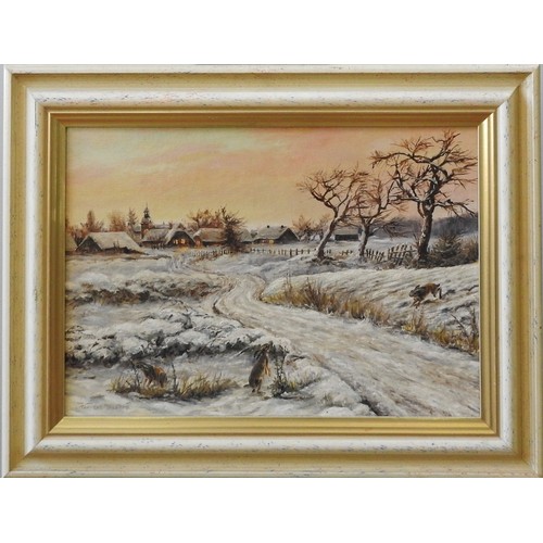 205 - 20TH CENTURY GERMAN SCHOOL OIL PAINTING ON BOARD, depicting hares in a winter landscape, indistinctl... 