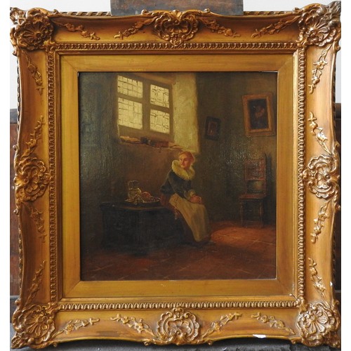 207 - DUTCH SCHOOL OIL PAINTING ON BOARD, circa 1900, an interior scene with a young lady seated on coffer... 