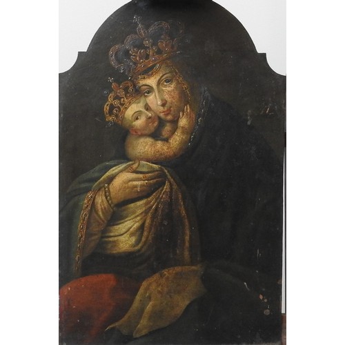 213 - SPANISH SCHOOL OIL ON COPPER PANEL, probably 17th century, depicting virgin and child wearing crowns... 