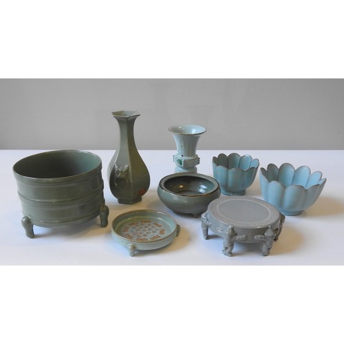 248 - A MIXED GROUP OF EIGHT CELADON PIECES, 20th century, brush pot largest piece 15 cm high x 19 cm dia,... 