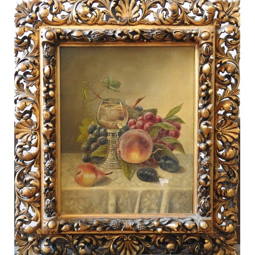 175 - 19TH CENTURY GERMAN SCHOOL STILL LIFE OIL ON CANVAS, depicting fruits, vine and a glass36 x 29 cm... 